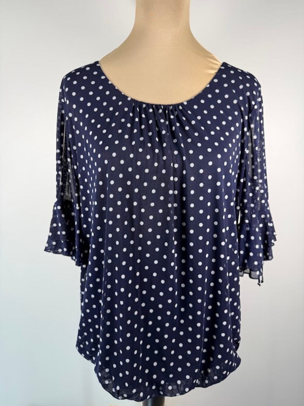 Sara Michelle Womens Polka Dot Top L Navy White Ruffle Bell Slit Sleeve Blouse